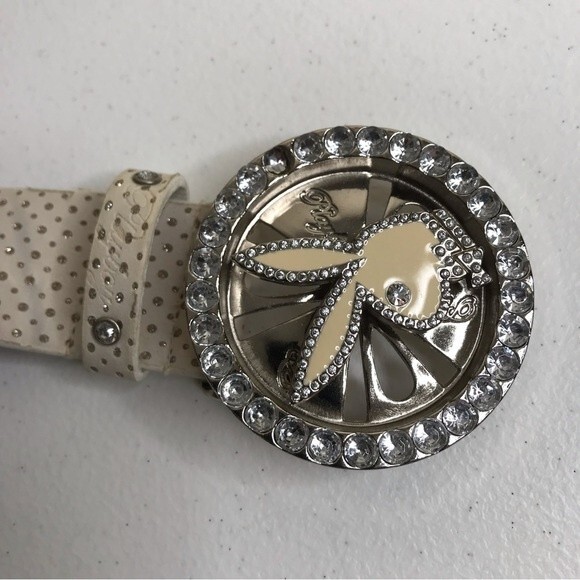 Vintage Playboy Y2K Bunny Spinner Rhinestone Enamel Buckle Bling Belt Off White main image 10